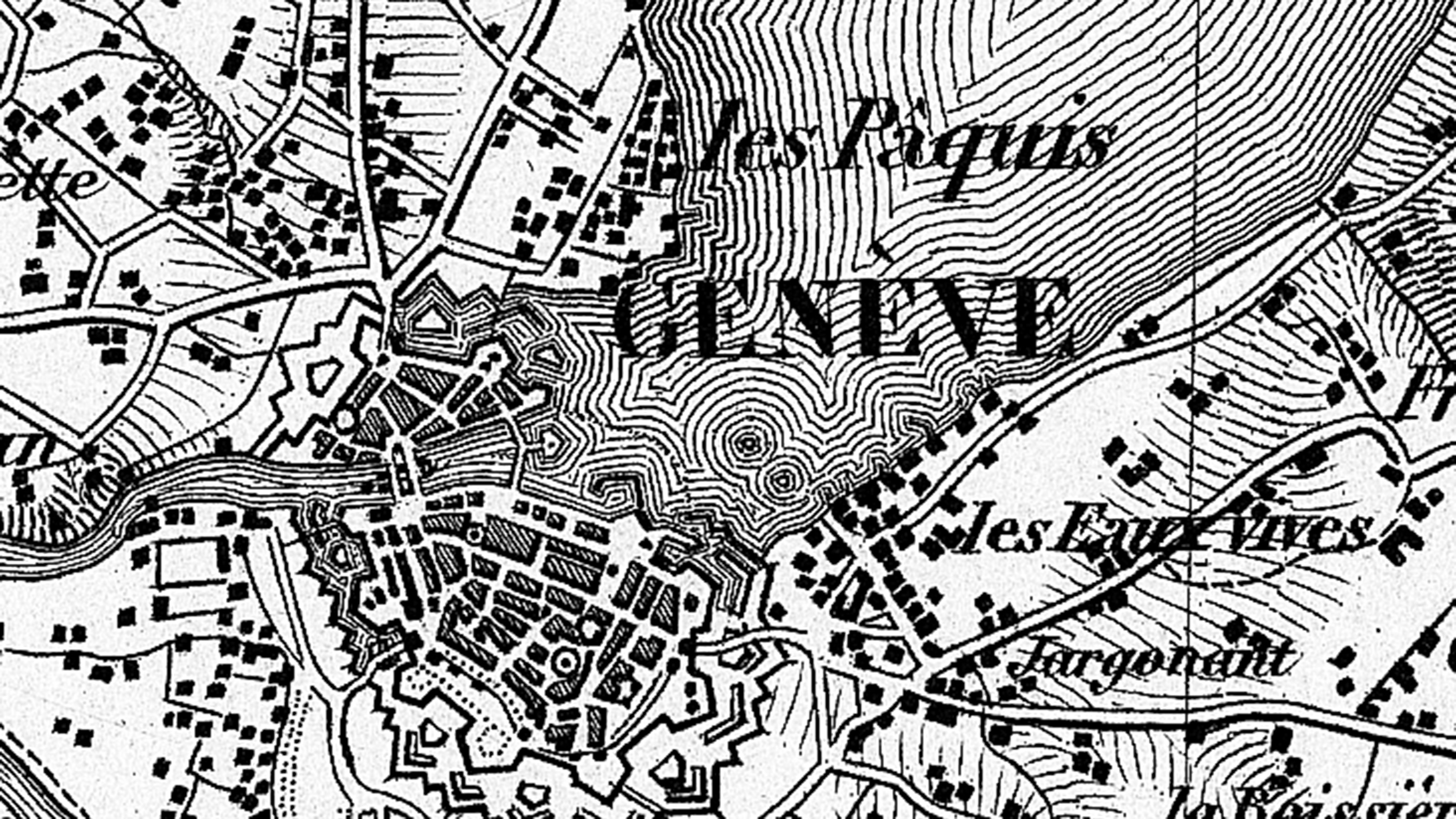 Particolare di Ginevra dalla carta di Dufour del 1845, che mostra i due blocchi erratici nel bacino del Lago di Ginevra.