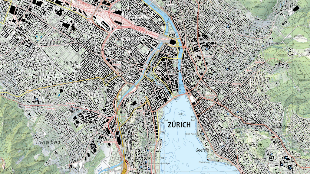 Estratto della mappa nazionale nel nuovo design. Tra l'altro, le linee ferroviarie sono ora evidenziate in rosso, il carattere è sans serif e le strade hanno colori diversi a seconda della loro rilevanza per il traffico.