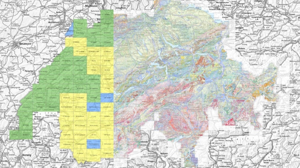 L'immagine mostra un montaggio del division GeoCover a sinistra e dei dati vettoriali GeoCover a destra.