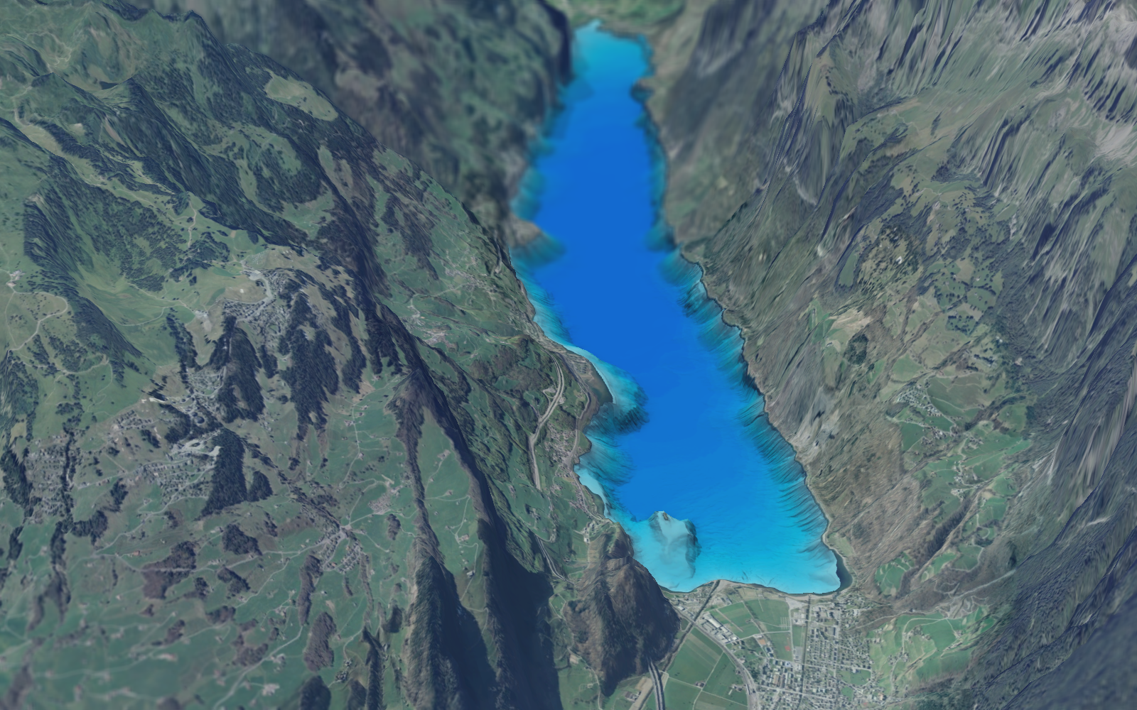 L'immagine mostra il fondo del lago di Walen con il terreno circostante, guardando verso ovest da Walenstadt.