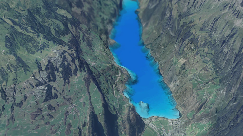 L'immagine mostra il fondo del lago di Walen con il terreno circostante, guardando verso ovest da Walenstadt.
