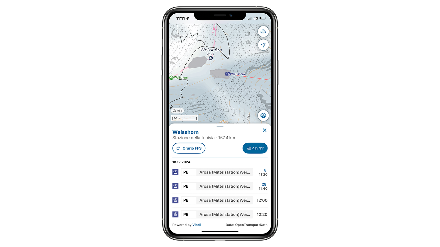 App swisstopo con sezione della mappa di base che mostra l'orario dal Weisshorn.