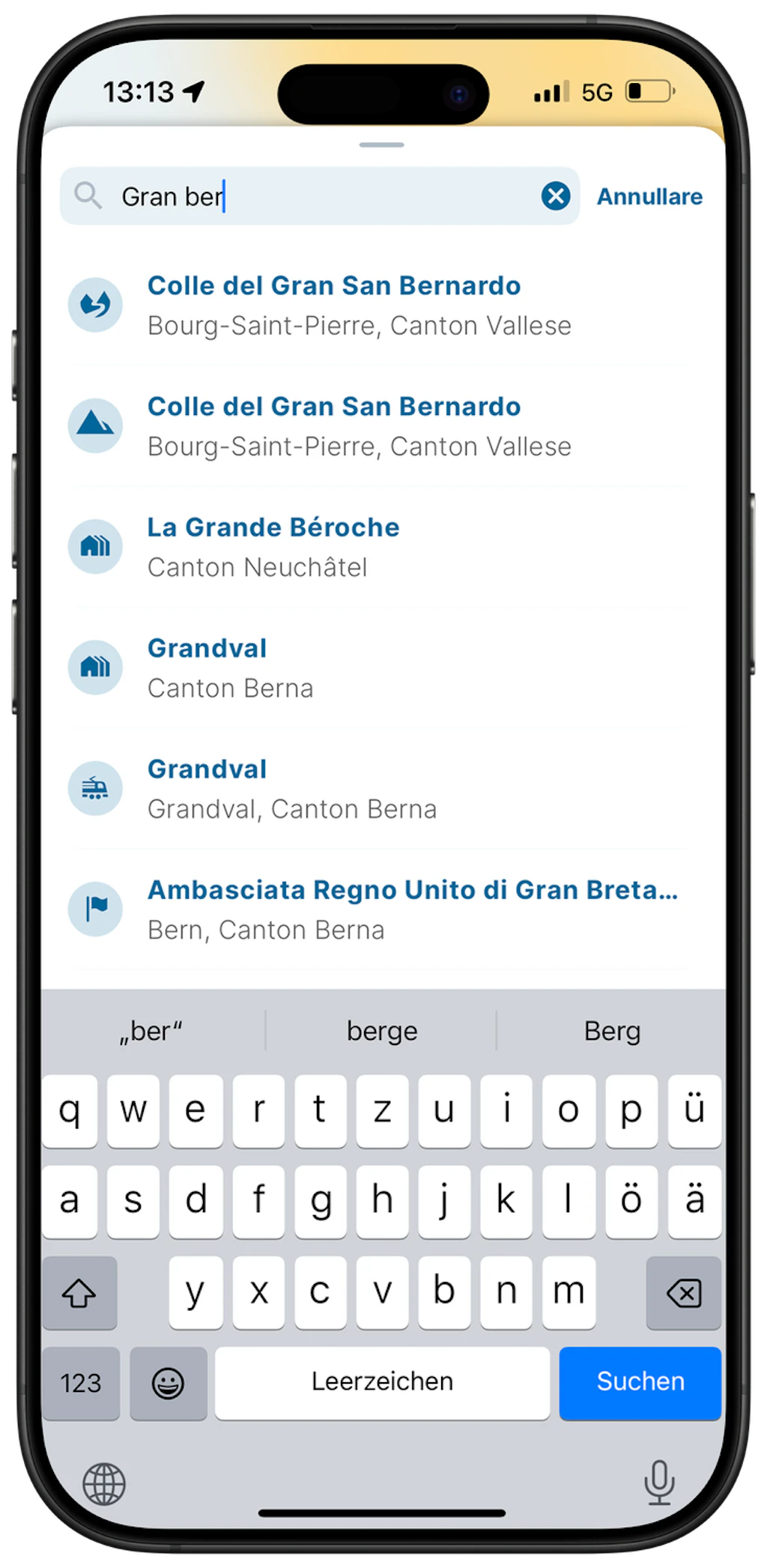 Screenshot dell'app swisstopo con la ricerca