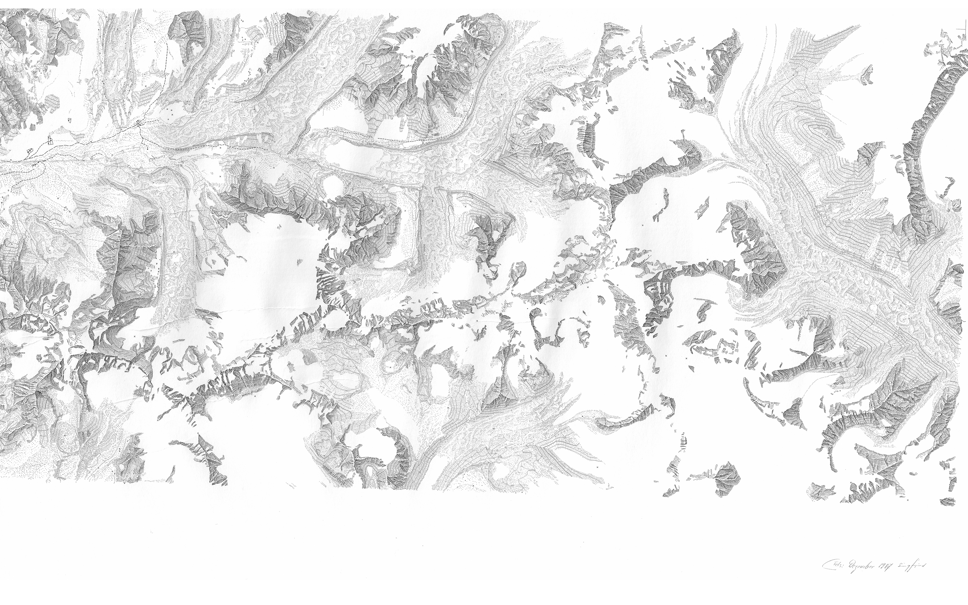 Rappresentazione delle rocce della carta del Monte Everest del National Geographic in scala 1:50 000 (sezione della parte centrale della carta, al centro il Monte Everest)