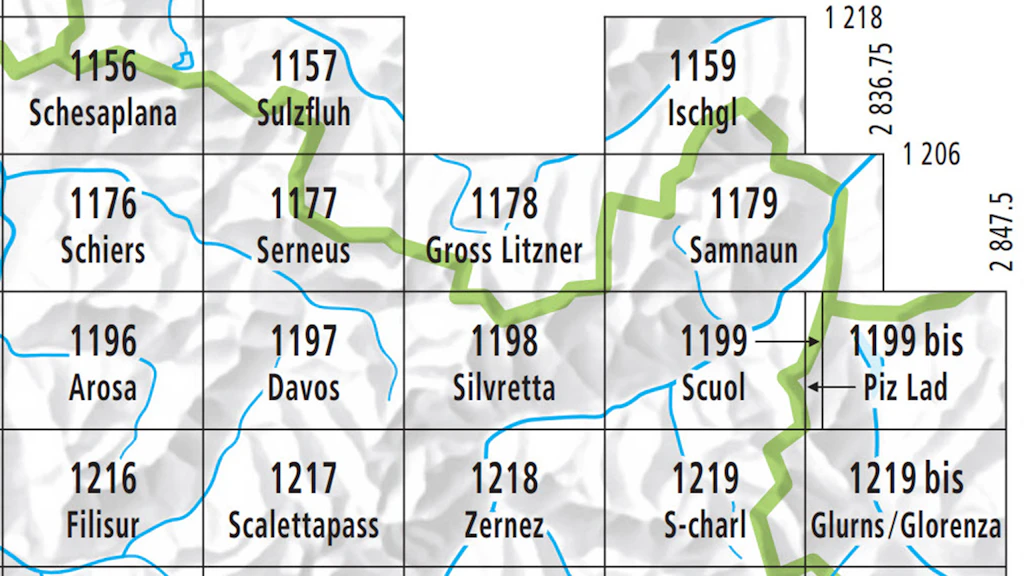 Estratto della divisione in fogli della carta nazionale, regione dei Grigioni.